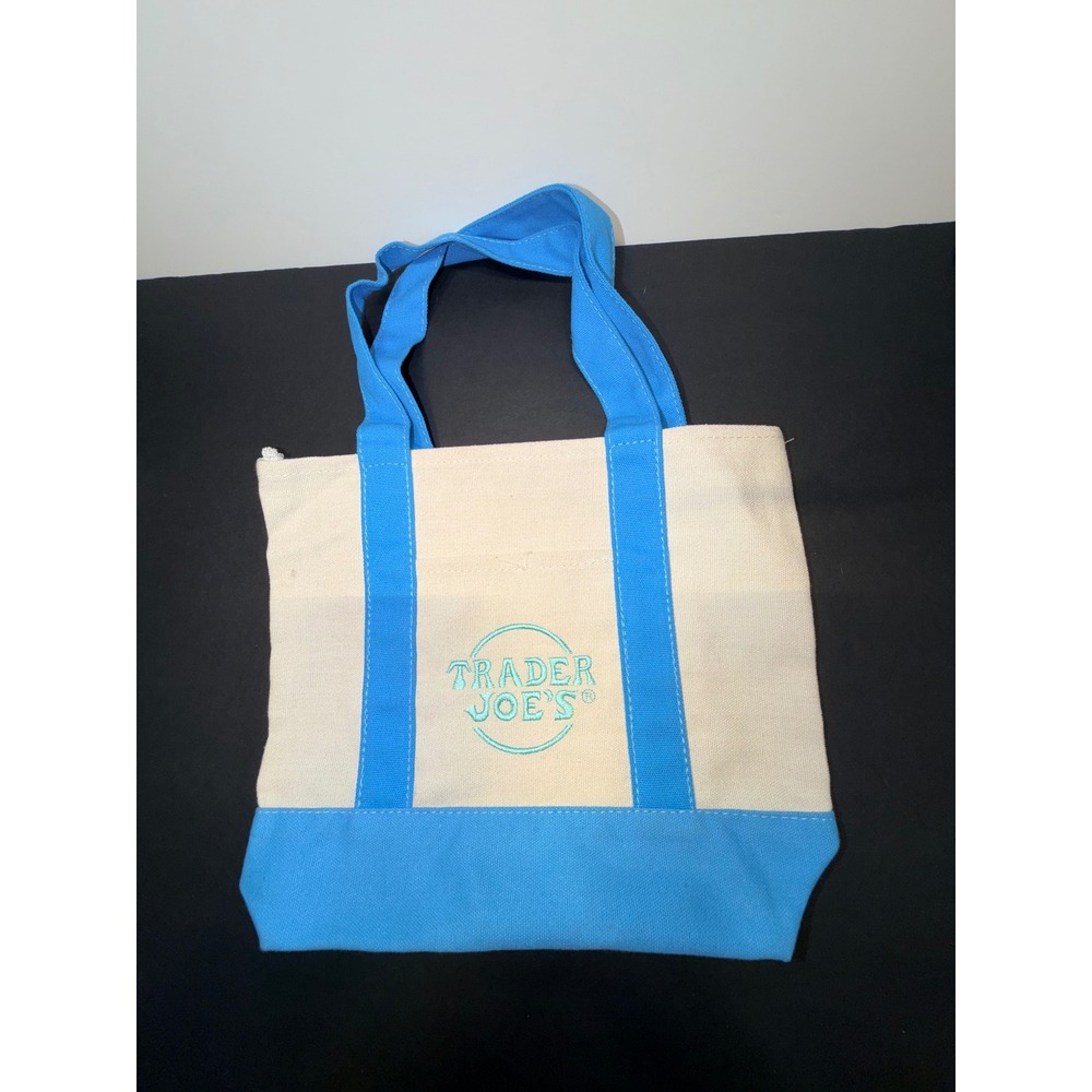 Trader Joes Mini Canvas Tote Bag Blue Cream Embroidered Logo Grocery Bag